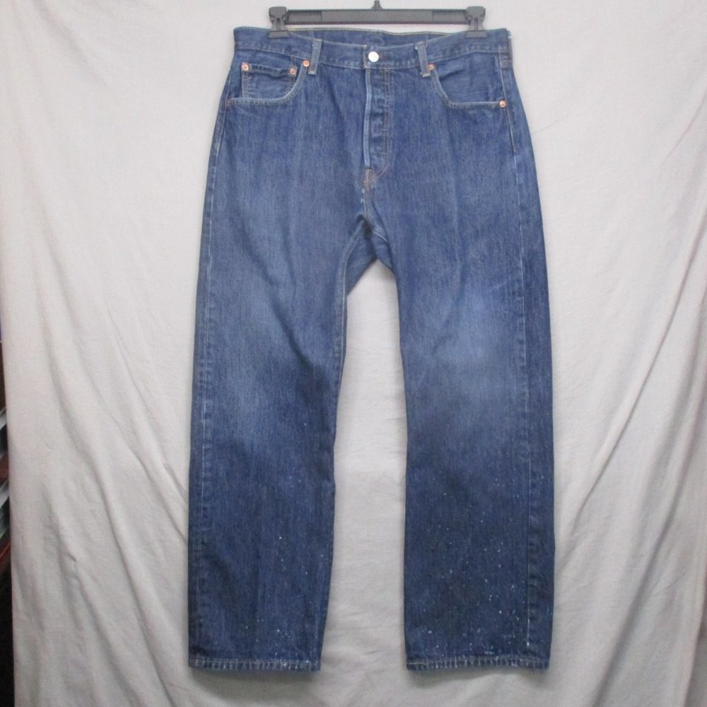 Levi 501 XX Button Fly Jeans Straight Paint Splatter on Bottoms Blue Men Size 36